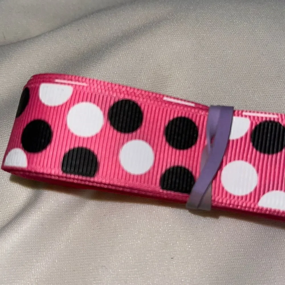 Grosgrain Ribbon 7/8” 5 yards NEW Minnie Mouse black white hot pink polka dots
